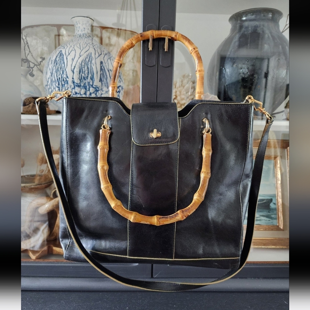Monsac Women's Black Leather Purse Hangbag w/ Bamboo Handles